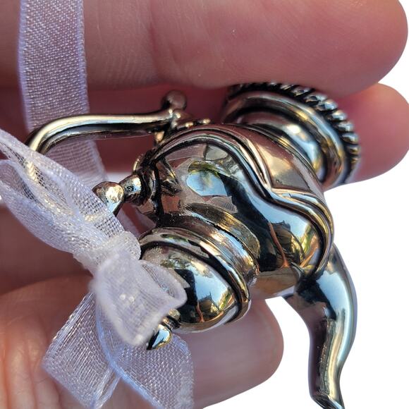 Vintage Silver Teapot Christmas Ornament with Ribbon Bow - Picture 10 of 10